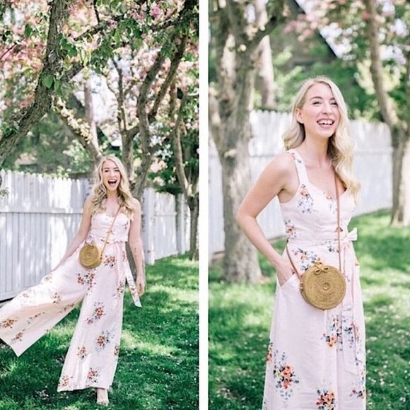 Anthropologie Akemi + Kin Adia Jumpsuit Light Pink Floral Linen Blend Size 4 - Picture 4 of 15